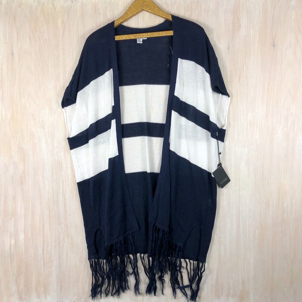 NWT II Two Sisters Striped Fringe Open Front Knit Poncho Cardigan Sweater OS